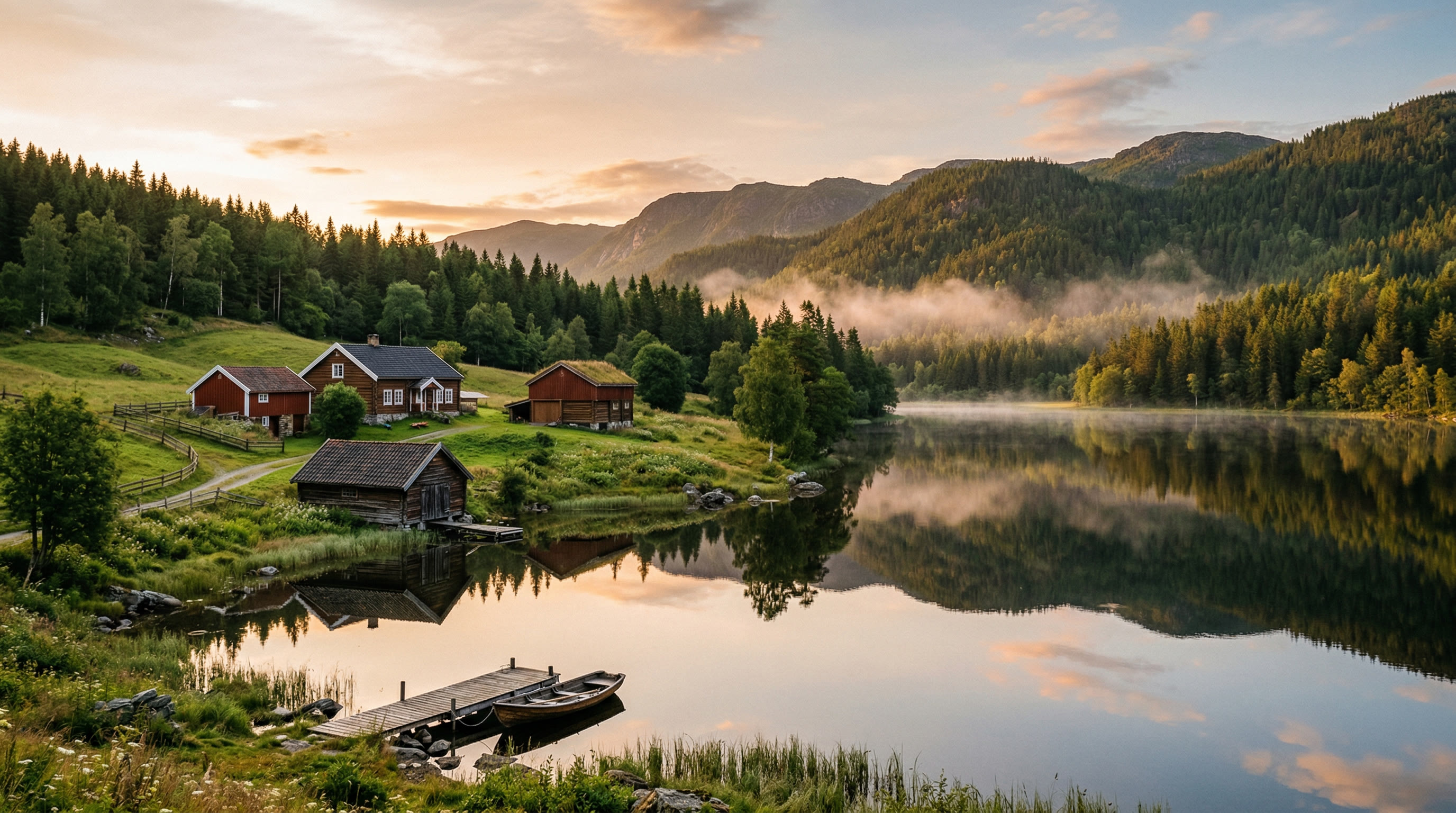 Joval Gård ved Rødenessjøen i solnedgang